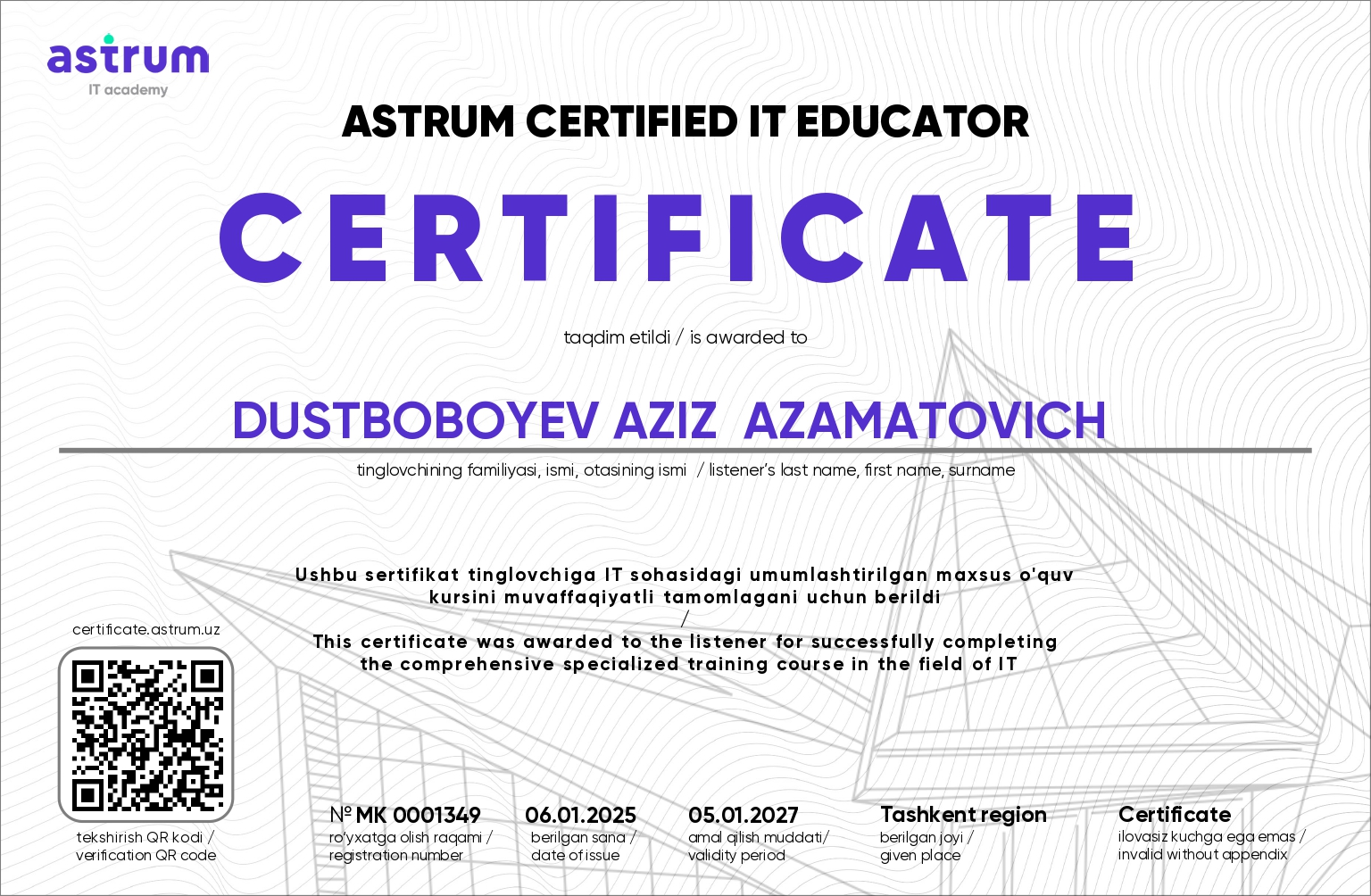 Astrum IT Academy — Certified IT Educator: Dustboboyev Aziz Azamatovich