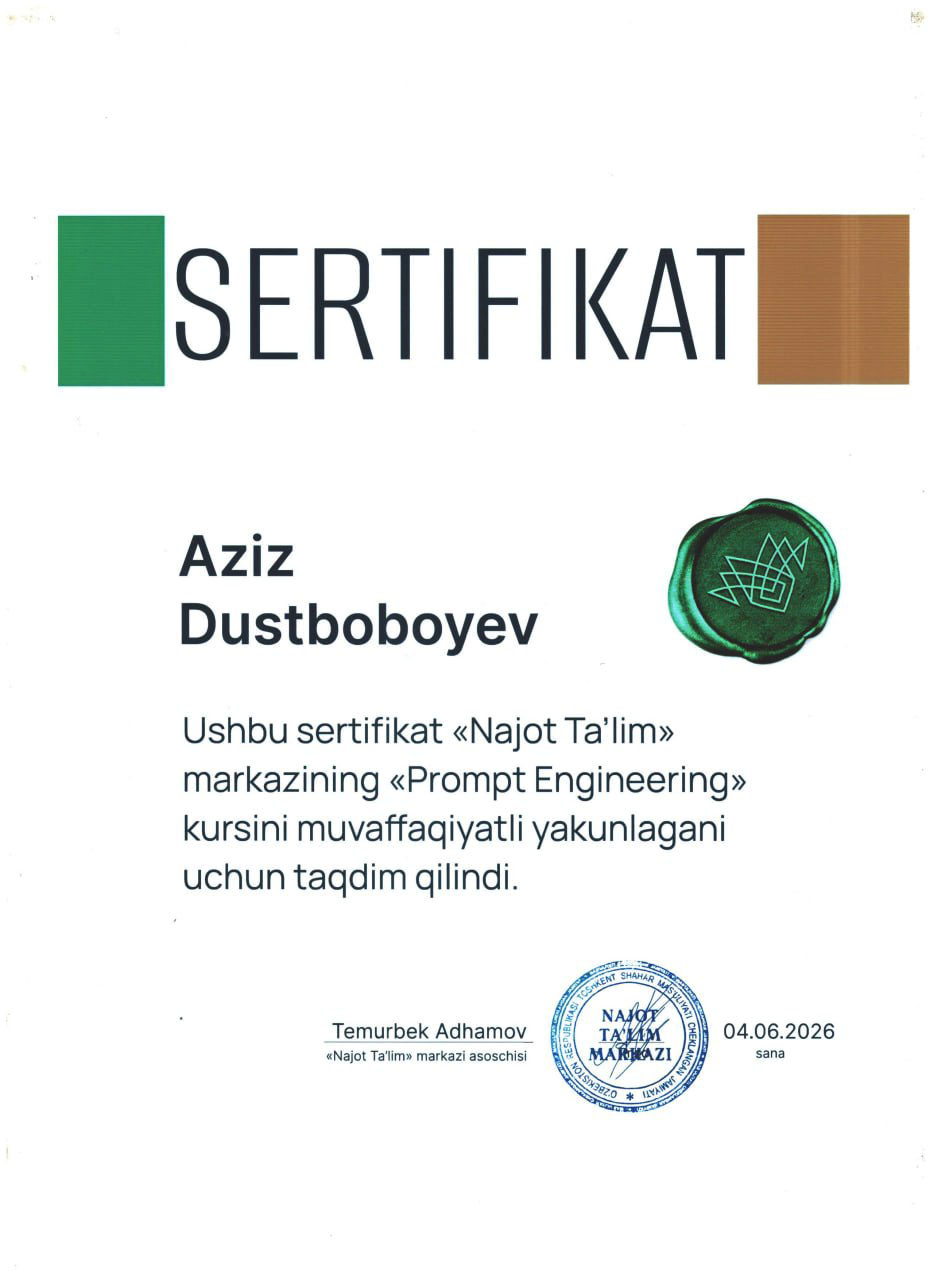 Najot Ta'lim — Sertifikat: Aziz Dustboboyev, Prompt Engineering kursi muvaffaqiyatli yakunlandi