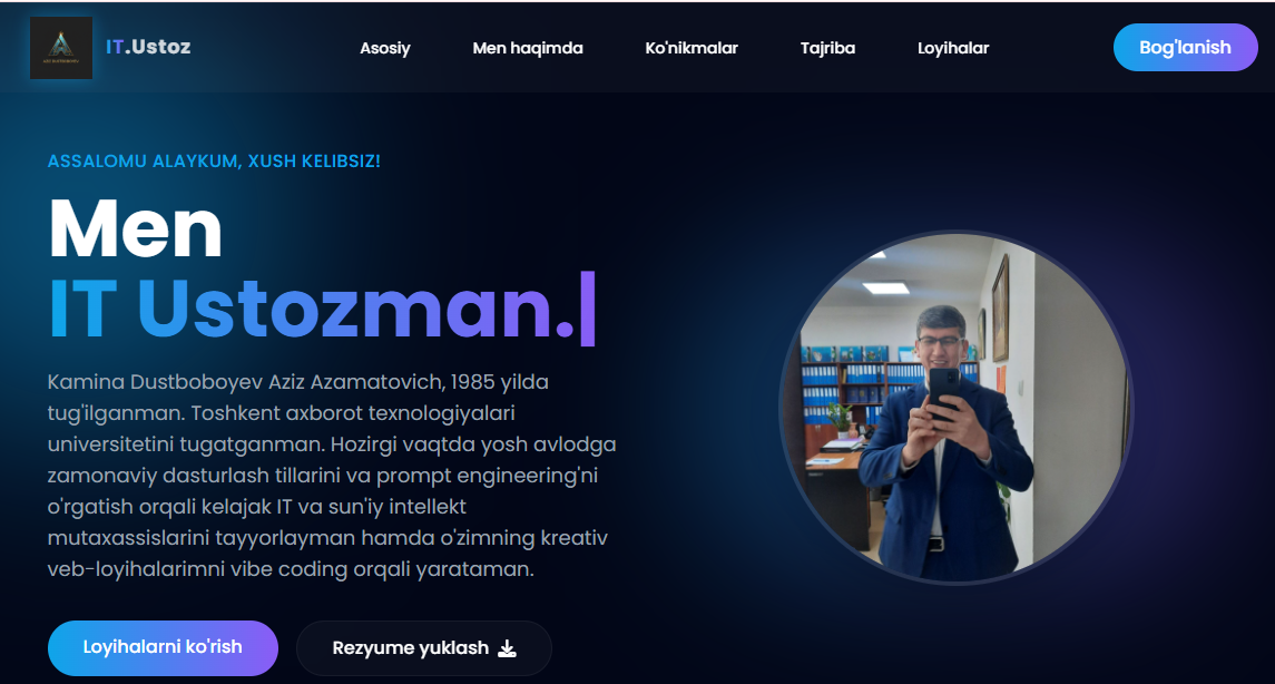 azizdustboboyev.uz — AI yordamida qurilgan shaxsiy sayt
